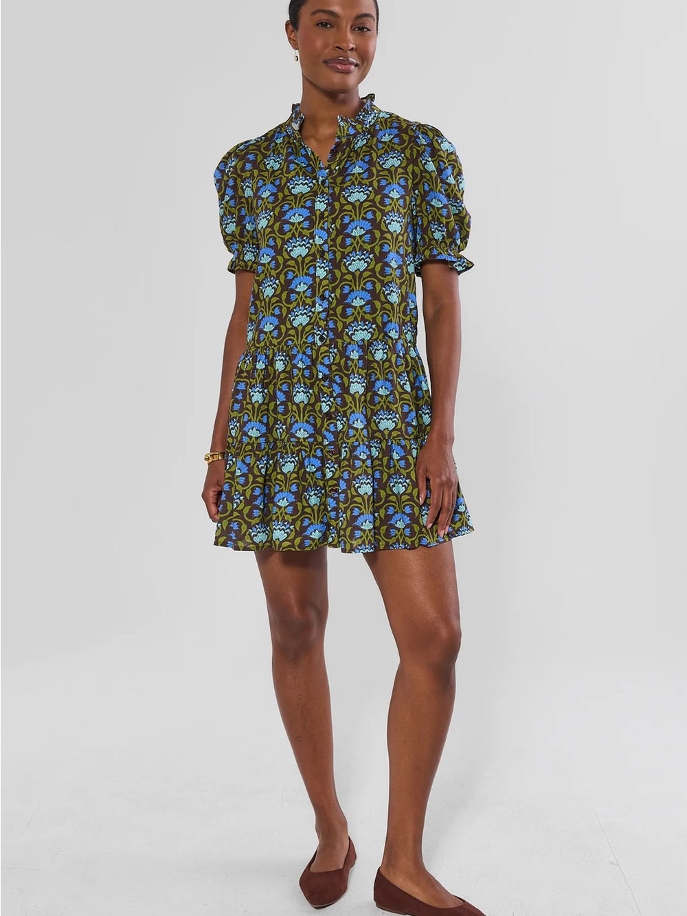 Floral Tiered Short Dress - Blue & Olive NWT small